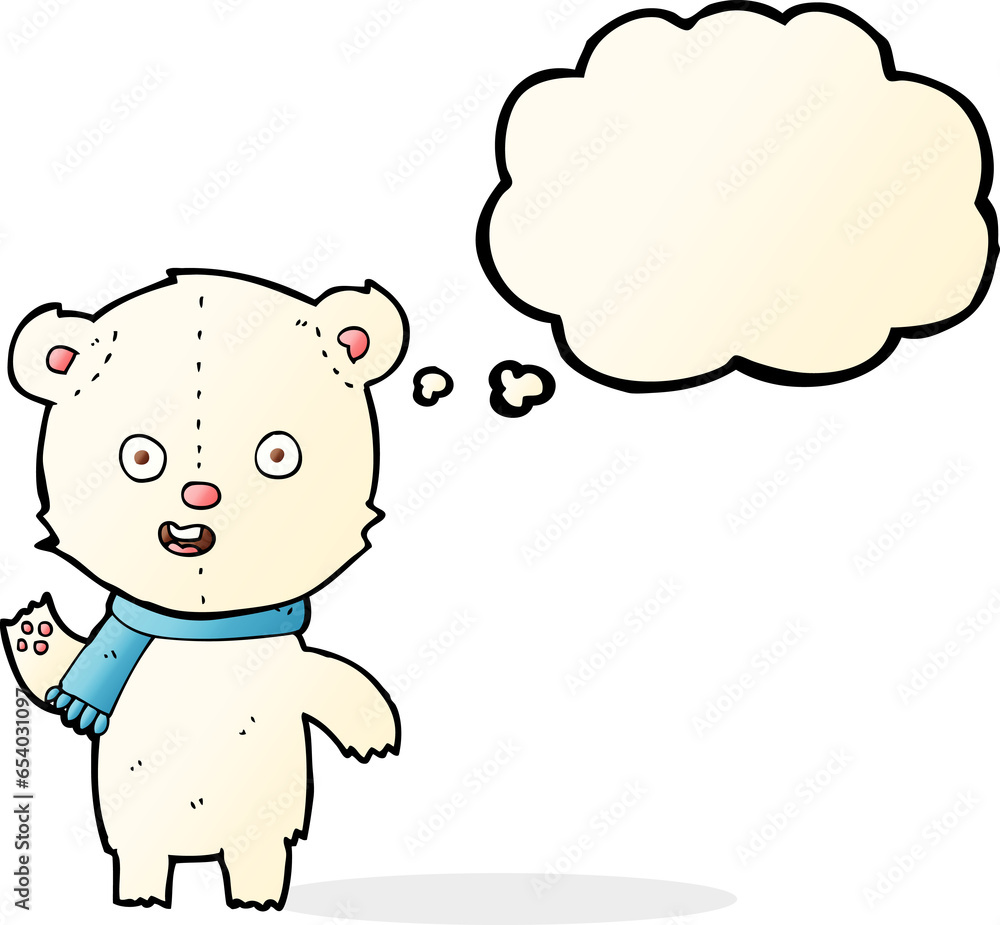 cartoon waving polar bear cub with scarf with thought bubble cartoon waving polar bear cub with scarf with thought bubble