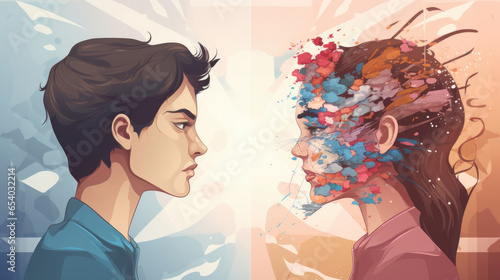 The character is faced with a dilemma, and a split screen shows two opposing thought processes battling it out. Psychology art