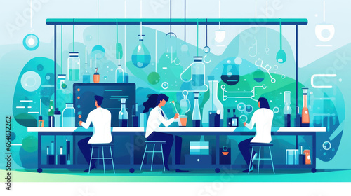 A character is shown inside a lab, experimenting with different emotions and observing their effects on various cartoon character models. Psychology art