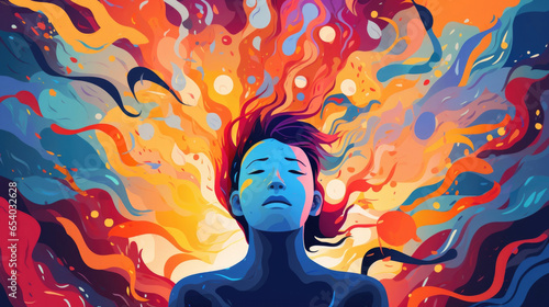 An animated character suffering from PTSD is shown experiencing a vivid and distressing flashback, portrayed with swirling colors and disorienting visuals. Psychology art photo