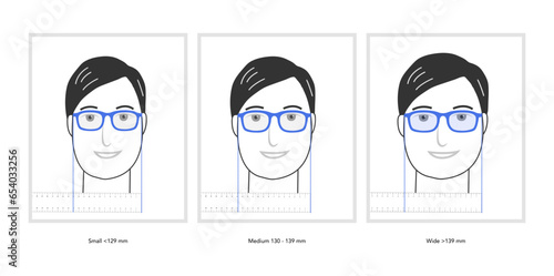 Set of size of width face character with ruler for order glasses. Flat modern cartoon style blue color trendy vector medical illustration men, women, unisex style. Ophthalmic exam concept.
