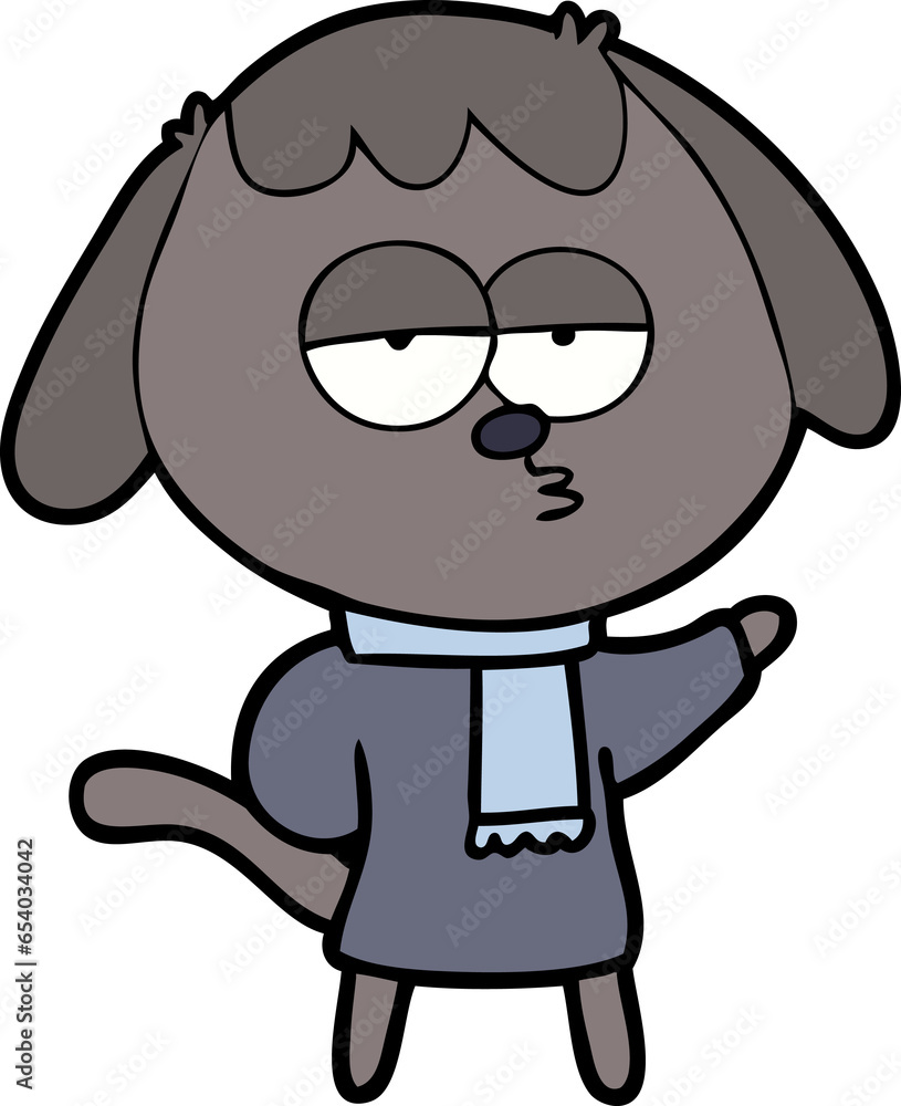 cartoon tired dog wearing winter clothes