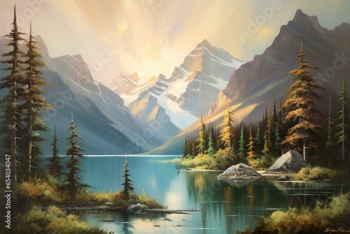 An artwork depicting a scenic lake surrounded by majestic mountains. Generative AI