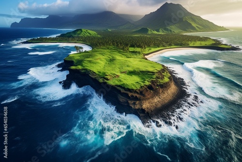 Bird's-eye perspective of Hawaiian island shore captured by a drone offering stunning coastal scenery. Generative AI photo