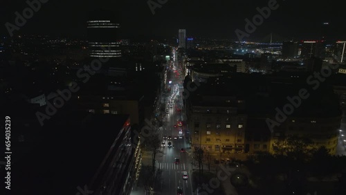 Drone panorama shot of Kneza Miloša street in Serbian capitol Belgrade. Beogradjanka and government buildings. photo