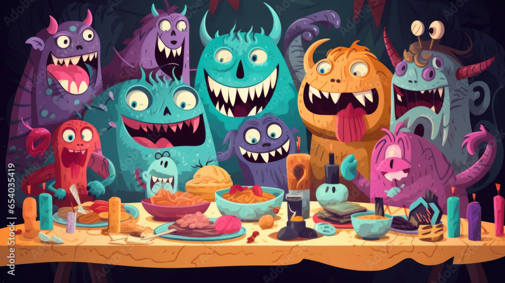 Obraz premium A group of friendly monsters hosts a Halloween party, complete with a frightful feast. Halloween cartoon