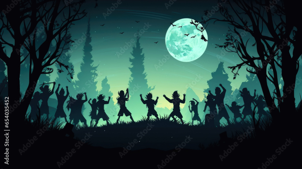 The moon shines brightly in the night sky, casting its glow on a group of silhouetted figures excitedly heading towards a haunted forest. Halloween cartoon