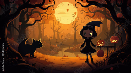 The protagonist encounters a talking black cat who leads them on a magical adventure through a pumpkinfilled forest. Halloween cartoon photo