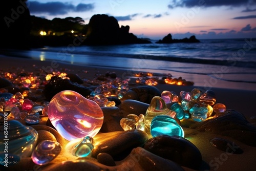 The beach is illuminated with vibrant, glowing creatures, surrounded by transparent, luminous pebbles at night. Generative AI