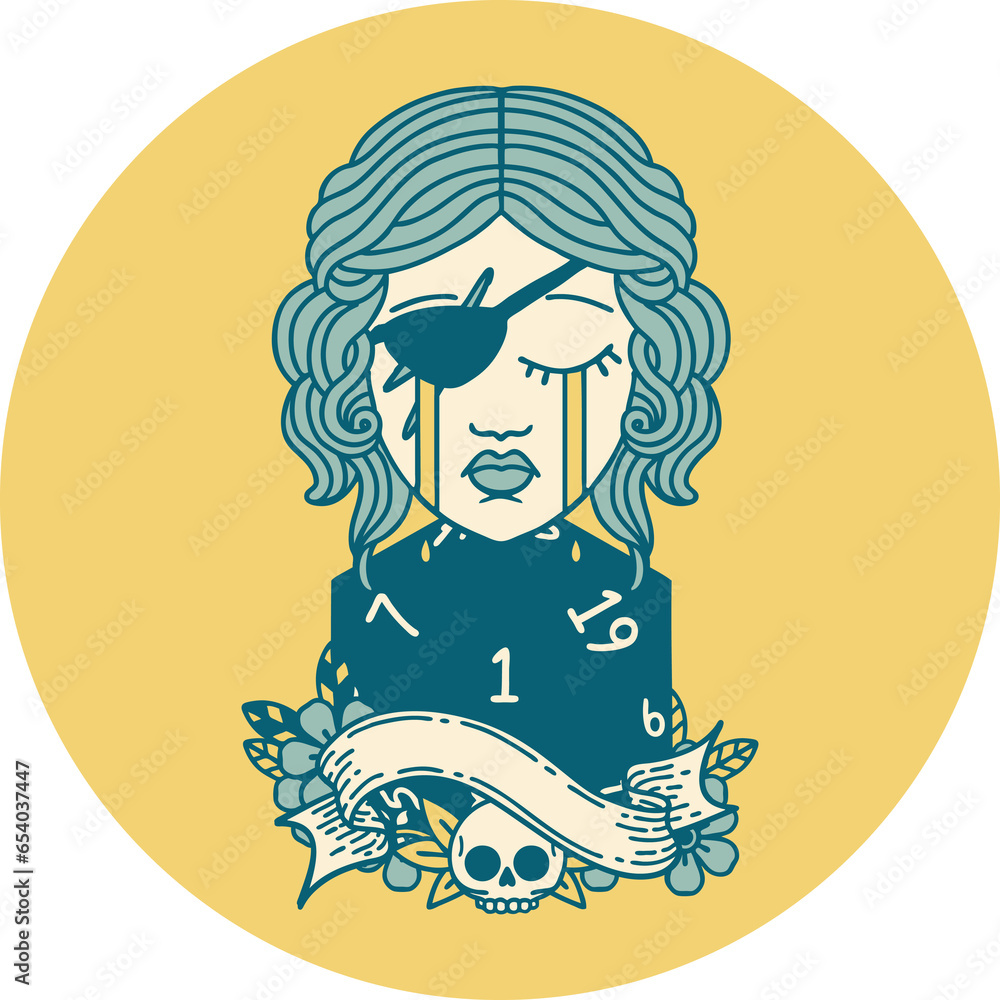 Retro Tattoo Style crying human rogue with natural one D20 roll Retro Tattoo Style crying human rogue with natural one D20 roll