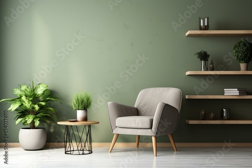 Modern interior  inviting sage green living space with trendy accents like monochrome wall  table  plants  and chair. Generative AI