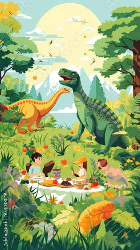 The dinosaurs having a picnic in a clearing, feasting on giant leaves and fruits. © Justlight