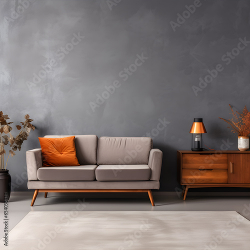 interior design living interior with sofa Retro style in beautiful living room interior with grey empty wall