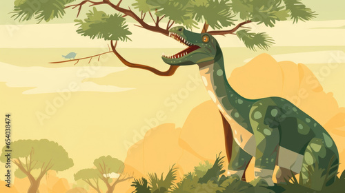 A dinosaur using its long neck to reach leaves at the top of a tree  munching contentedly.