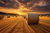 Golden field with hay bales captured during sunrise or sunset. Generative AI