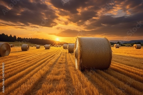 Golden field with hay bales captured during sunrise or sunset. Generative AI photo