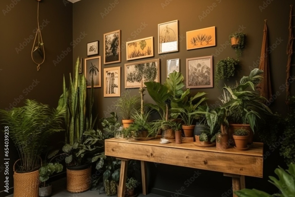 Display of photo frame with plants on wooden cabinet. Generative AI