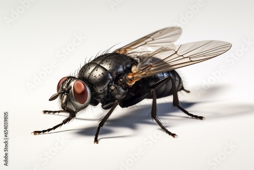 Close-up view of a solitary black fly on a plain backdrop. Generative AI