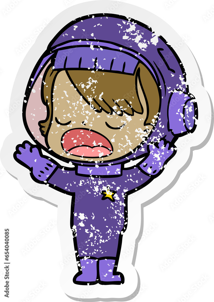 Fototapeta premium distressed sticker of a cartoon astronaut girl talking