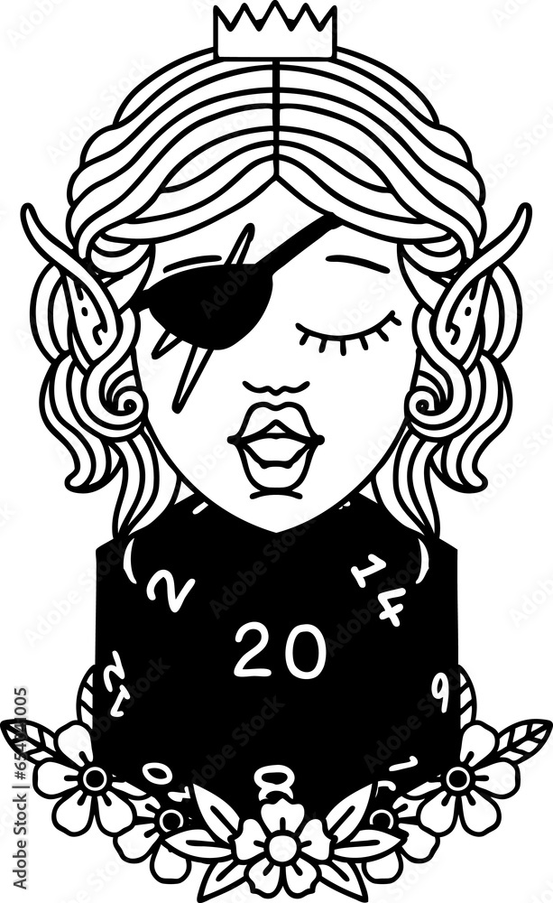 Black and White Tattoo linework Style elf rogue character with natural twenty dice roll Black and White Tattoo linework Style elf rogue character with natural twenty dice roll