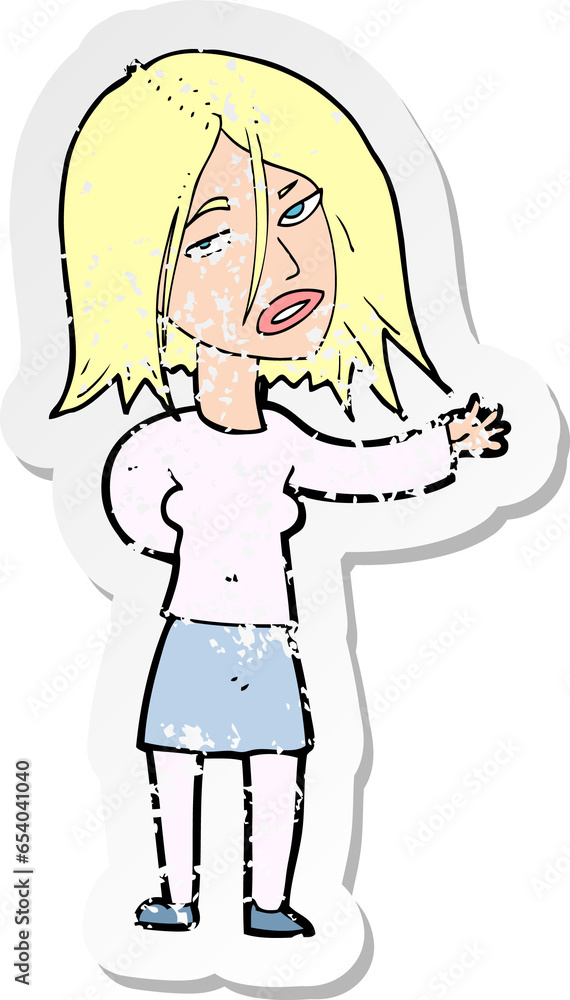 retro distressed sticker of a cartoon unhappy woman retro distressed sticker of a cartoon unhappy woman