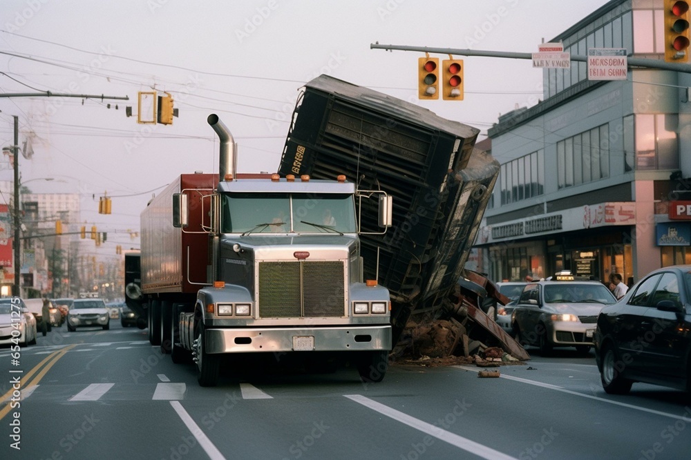 A massive truck veers onto a bustling intersection, hauling an extensive container. Generative AI