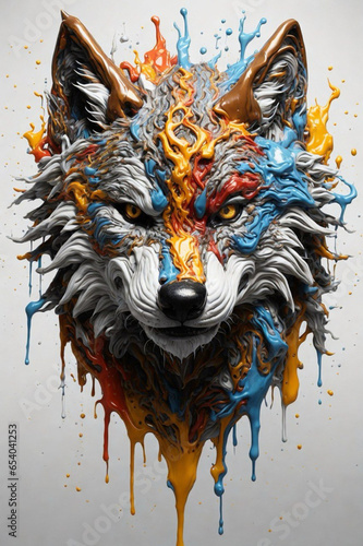 The head of a beautiful wolf that is dripping with different colors