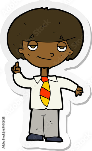 sticker of a cartoon school boy answering question