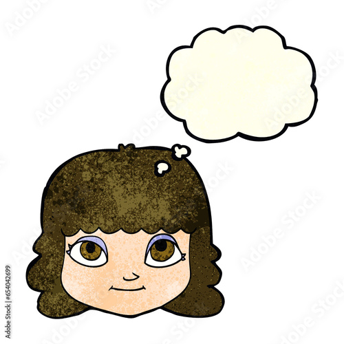 cartoon happy female face with thought bubble