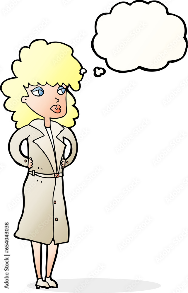 cartoon woman in trench coat with thought bubble cartoon woman in trench coat with thought bubble
