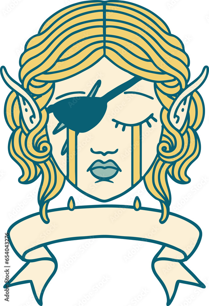 Retro Tattoo Style crying elf rogue character face with banner Retro Tattoo Style crying elf rogue character face with banner