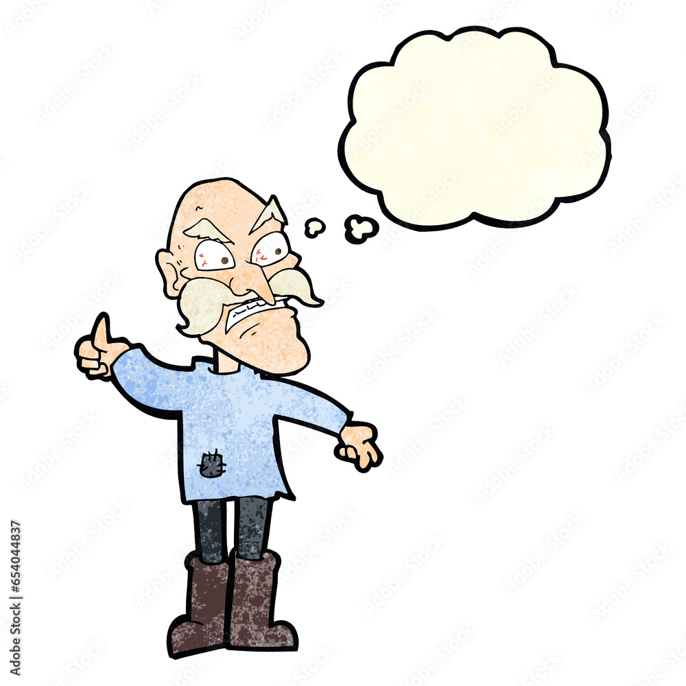 cartoon angry old man in patched clothing with thought bubble cartoon angry old man in patched clothing with thought bubble