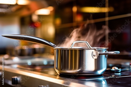 steel saucepan in a professional kitchen. Generative AI