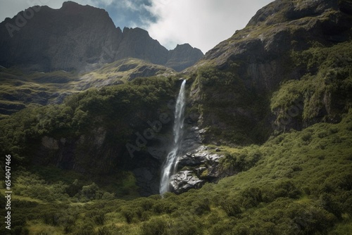 Tall waterfall amidst mountains. Generative AI
