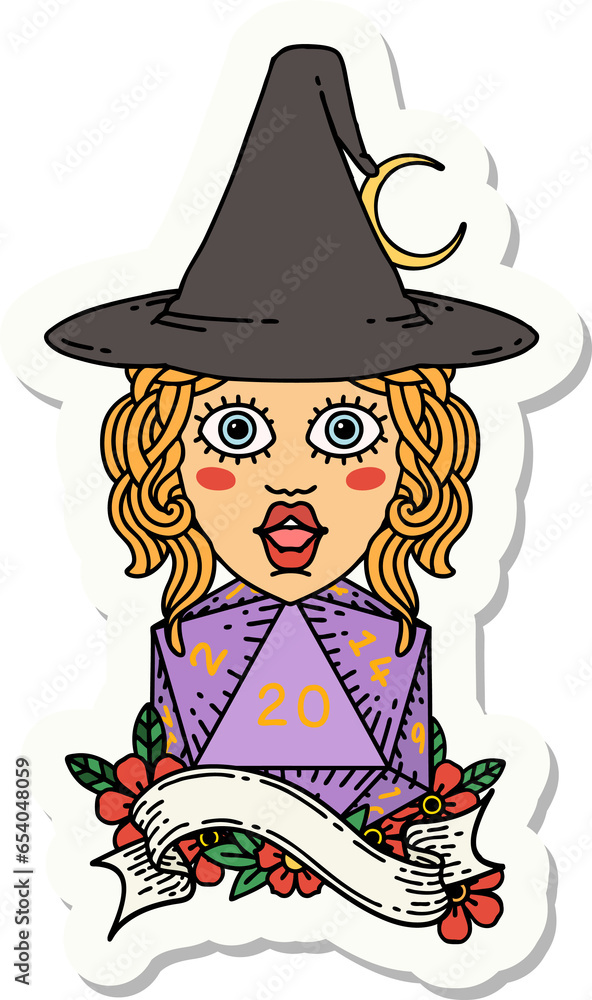 sticker of a human mage with natural 20 D20 dice roll sticker of a human mage with natural 20 D20 dice roll