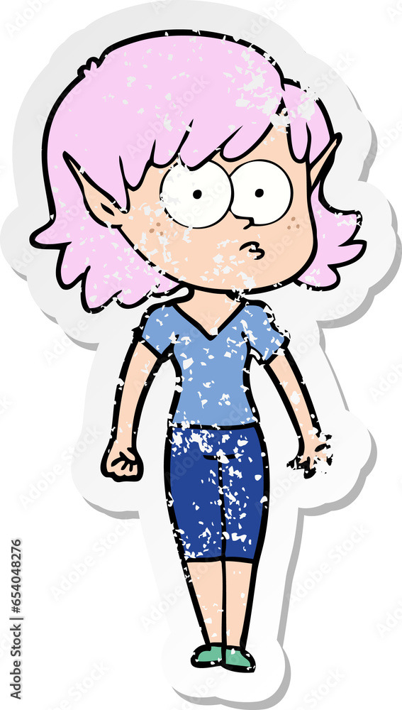 distressed sticker of a cartoon elf girl staring distressed sticker of a cartoon elf girl staring