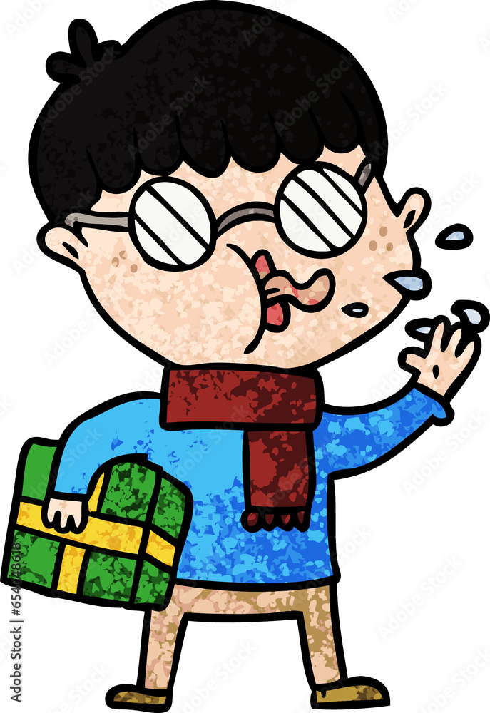 cartoon boy wearing spectacles with christmas gift