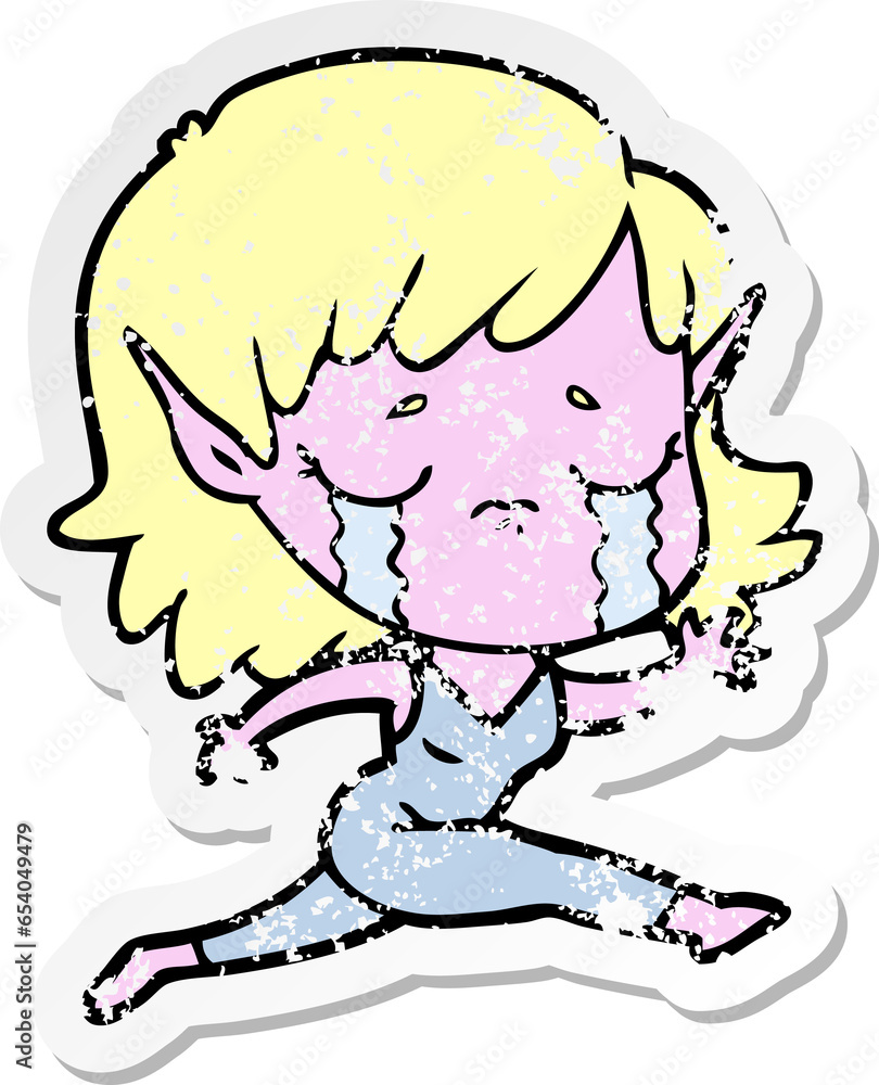 distressed sticker of a crying cartoon elf girl distressed sticker of a crying cartoon elf girl