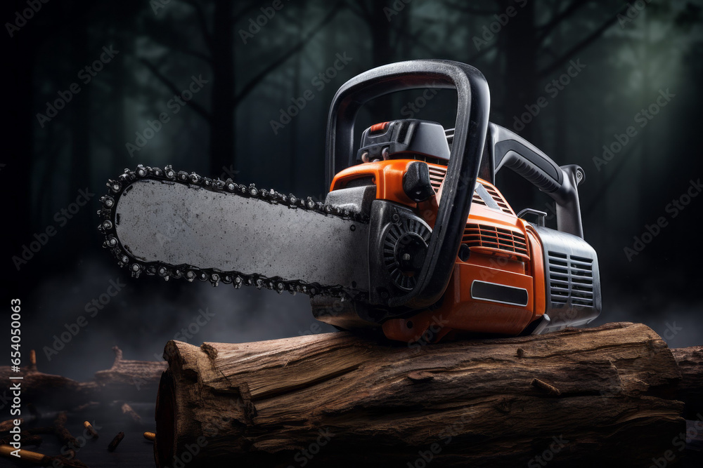 Chainsaw in the concept of preparing firewood for the winter. Background with selective focus and copy space Chainsaw in the concept of preparing firewood for the winter. Background with selective focus and copy space