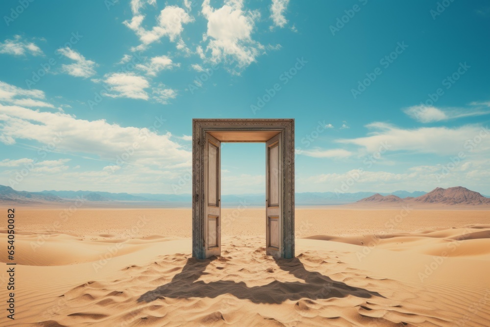 Door with doorway in the desert. Background with selective focus and copy space