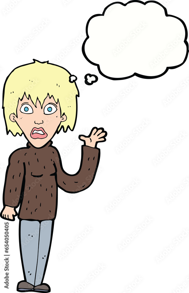 cartoon shocked woman waving hand with thought bubble cartoon shocked woman waving hand with thought bubble