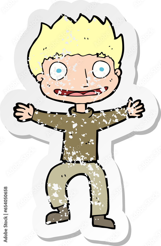 retro distressed sticker of a cartoon grinning boy retro distressed sticker of a cartoon grinning boy