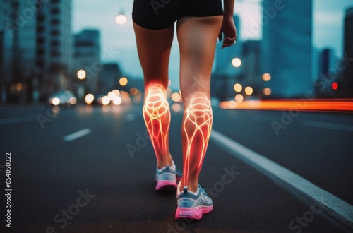 Abstract visualization of burning calves after a run. Muscle pain and recovery. Background with selective focus photo