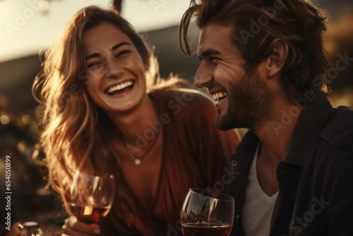 A happy man drinks wine in the company of a woman. Portrait with selective focus and copy space