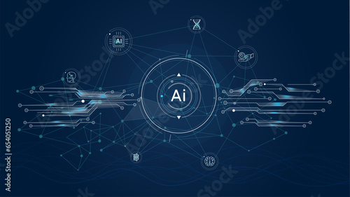 Futuristic interface with electronic chips and artificial intelligence.