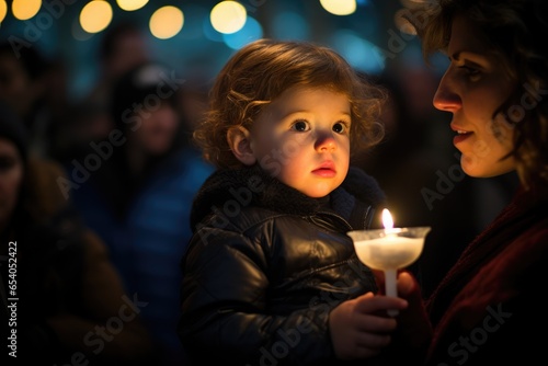 Happy Jewish mother and son celebrating Hanukkah. Portrait of orthodox Jewish family. Jewish festival of lights or Rosh Hashanah. Israel holiday