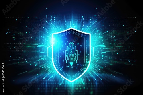 Cybersecurity shield encircling binary code symbols, safeguarding digital assets against malicious attacks.
