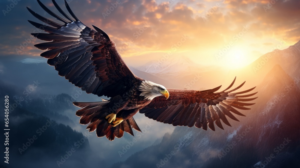 Obraz premium a beautiful north american bald eagle flying high in the sky. breathtaking scenic landscape view on mountains nature. desktop wallpaper background. 16:9, 4k. Generative AI