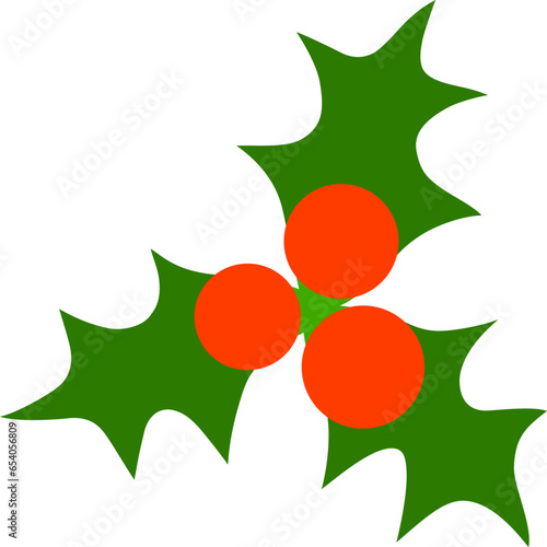 Holly Sprig. Holly twig with three green leaves and red berries isolated on white background. Xmas symbol. Cartoon Design Element for Christmas and New Year Holidays. Stock Vector illustration