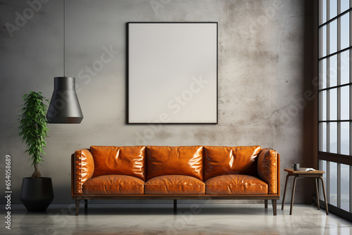 Frame gallery mockup in modern living room interior with leather sofa, minimalist industrial style. 